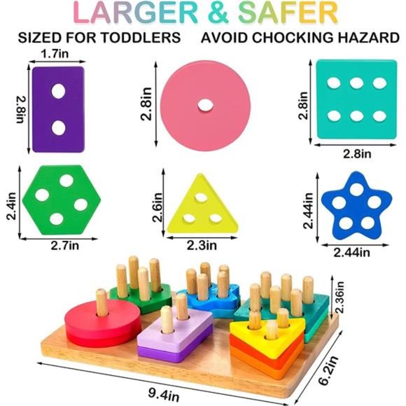 Wooden Sorting & Stacking Toys, Montessori Toys for 1 2 3 Years Old Toddlers - Picture 3 of 7
